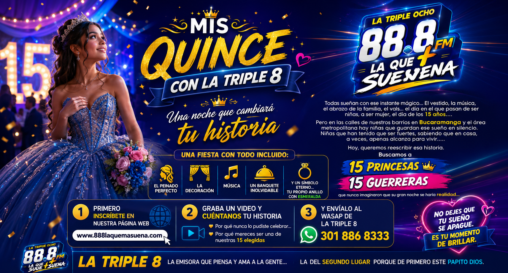 Banner Mis Quince con La Triple 8, una fiesta con todo incluido para 15 princesas y 15 guerreras